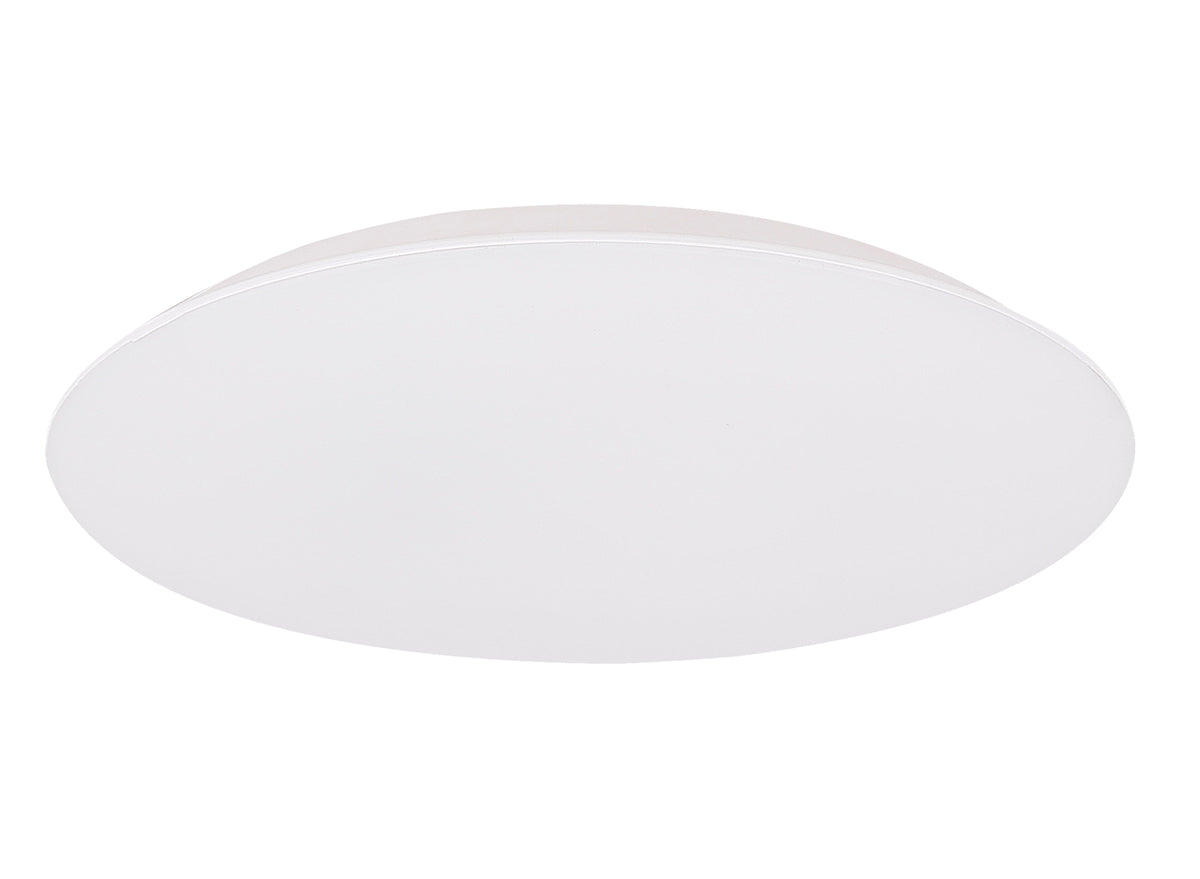 Vue de face du plafonnier rond blanc, diffuseur opale uniforme sur fond neutre