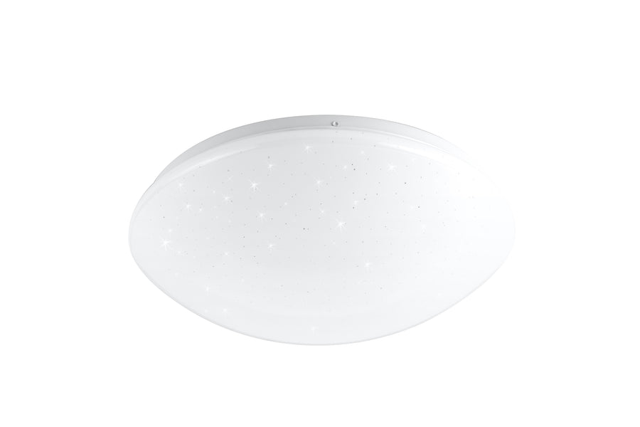 Vue de face du plafonnier blanc sur fond neutre, révélant l'effet ciel étoilé
