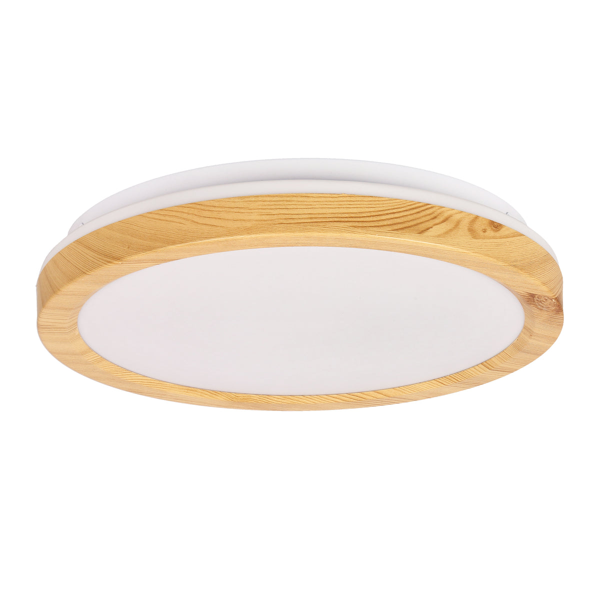 Plafonnier LED rond blanc et bois, vue de face sur fond blanc