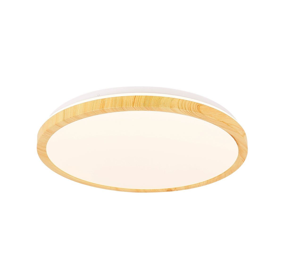Vue de face du plafonnier rond blanc avec cerclage imitation bois