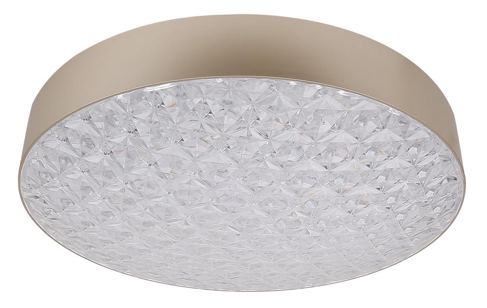 Plafonnier rond doré vu de face, diffuseur cristal éteint sur fond blanc