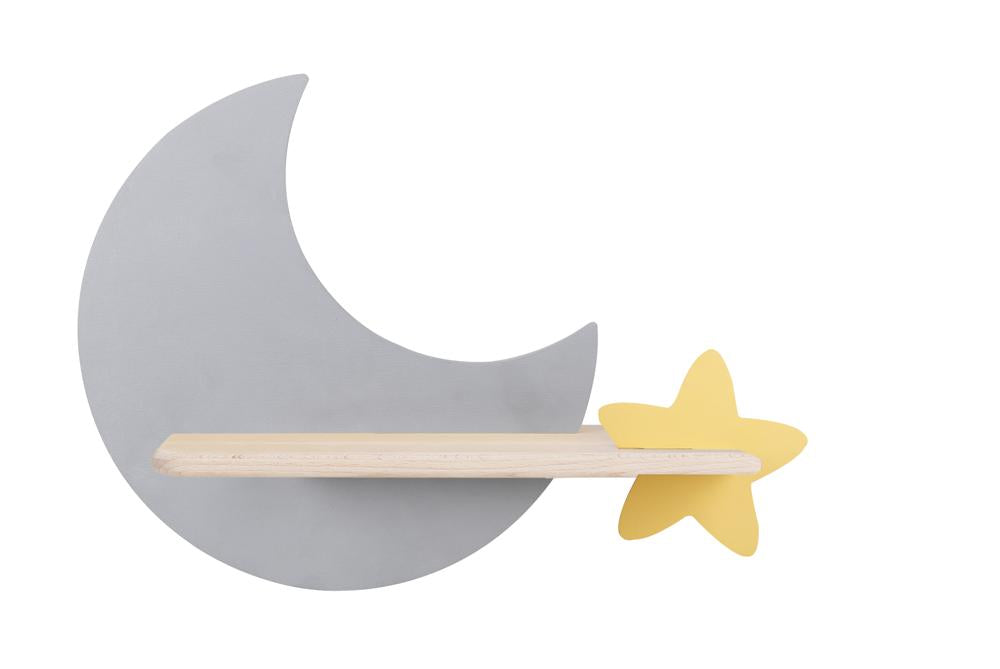 Photo produit sur fond blanc montrant la lune grise, l'étoile jaune et la tablette en bois.