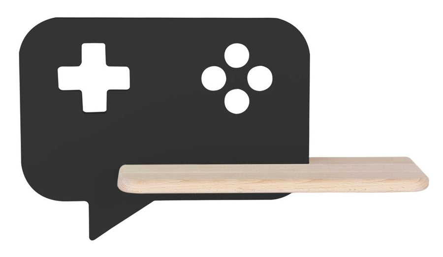 Vue de face de l'applique noire avec étagère en bois, fond blanc