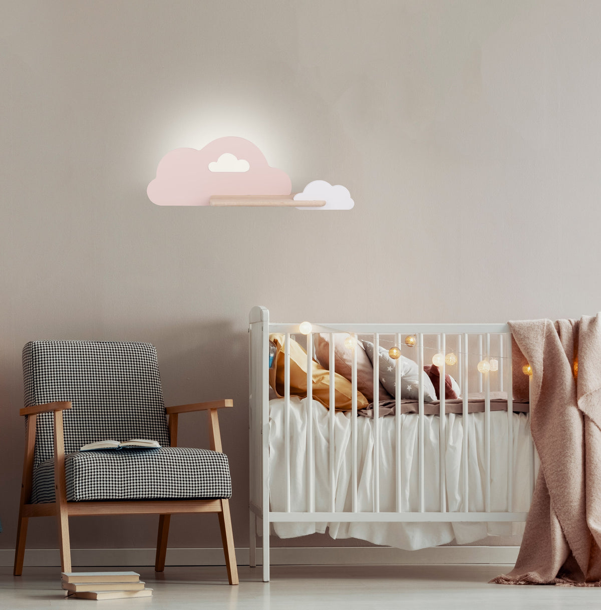 Applique murale LED Cloud pour chambre d'enfant rose et blanche, bois