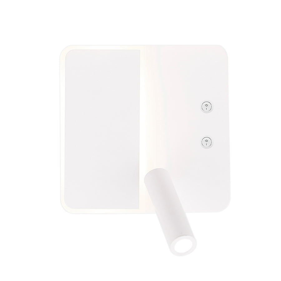 Produit détouré : applique murale LED carrée blanche avec liseuse et deux boutons