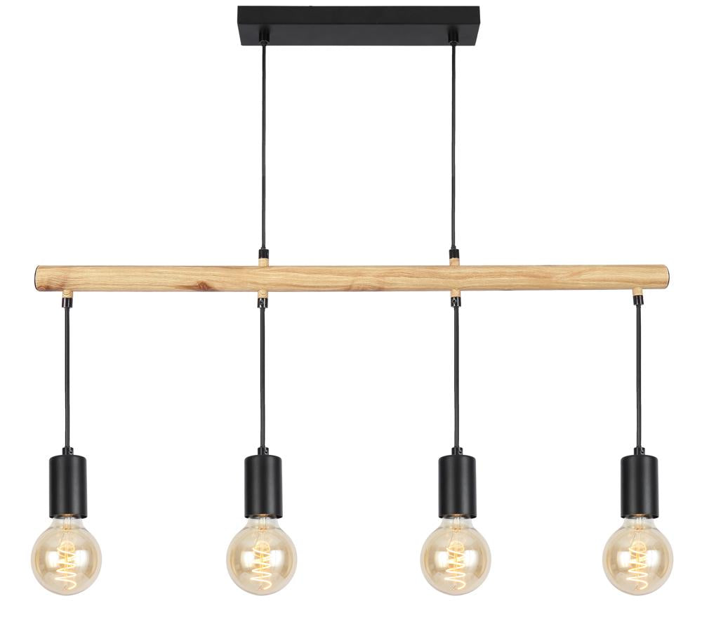 Suspension quatre lumières de face sur fond blanc, structure bois et câbles noirs