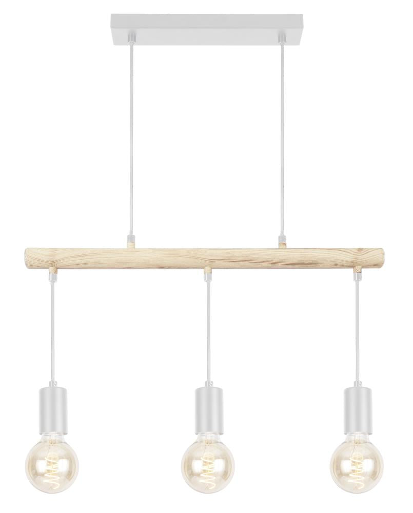 Suspension blanche à barre en bois clair et trois douilles, vue de face sur fond blanc