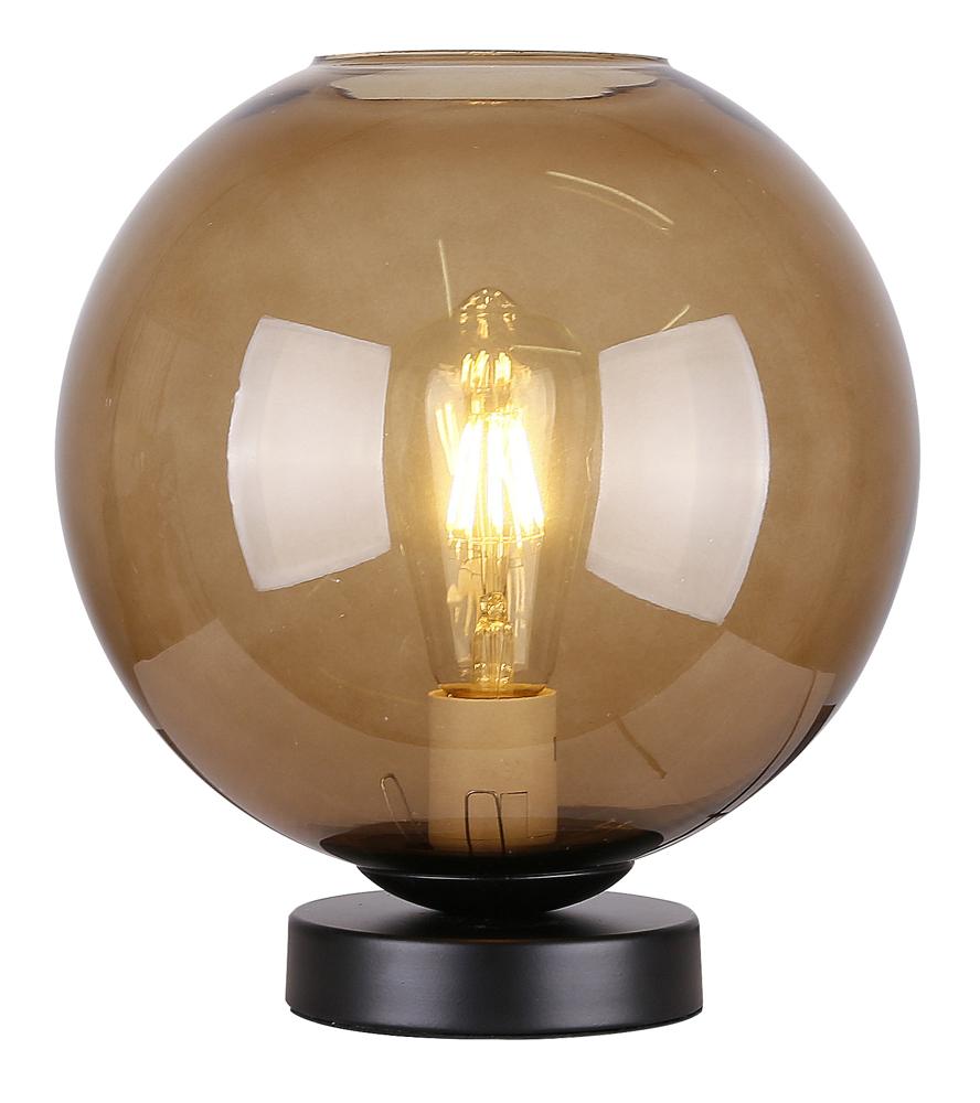 Lampe à poser globe en verre ambré, ampoule filament allumée, fond blanc