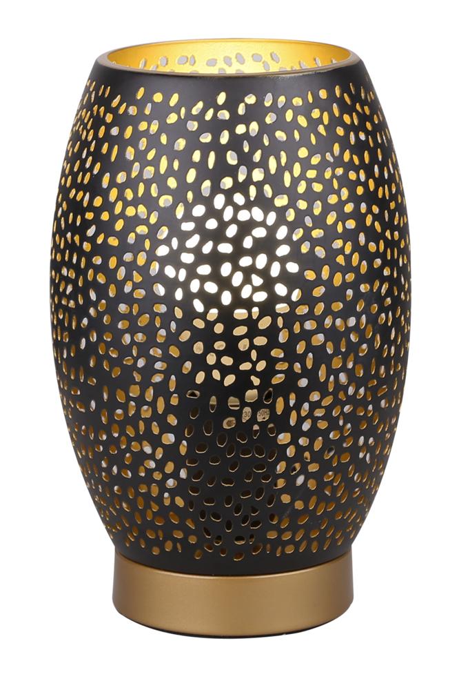 Lampe noire à poser, abat-jour ovoïde perforé, intérieur doré et base dorée, face.