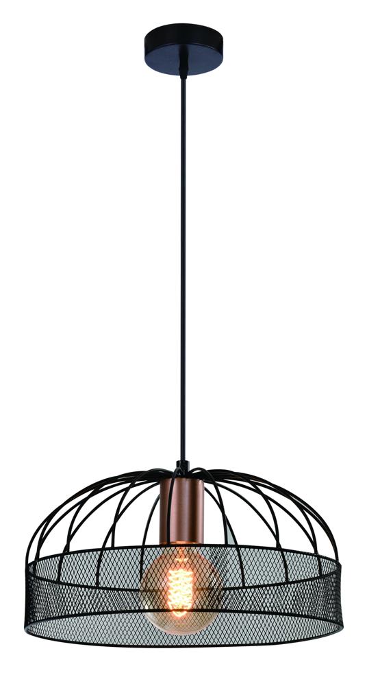 Suspension noire à cage métallique et douille dorée, ampoule Edison allumée sur fond blanc.