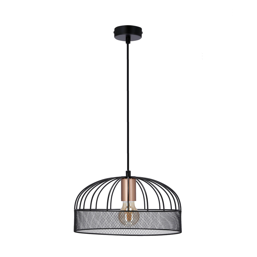 Vue de face sur fond blanc de la suspension noire, grille cylindrique et douille cuivrée.