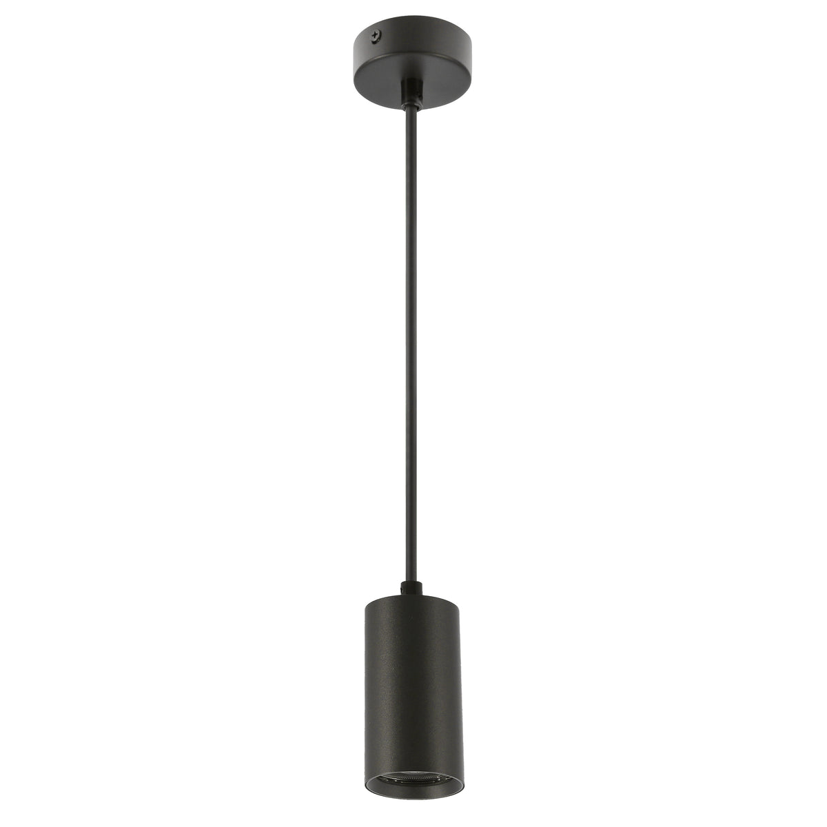 Vue de face du luminaire suspendu noir avec cylindre, câble et rosace.