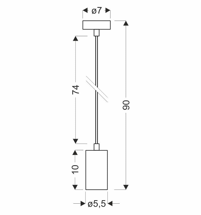 Schéma de dimensions du luminaire avec hauteur totale 90 cm et diamètre 5,5 cm.