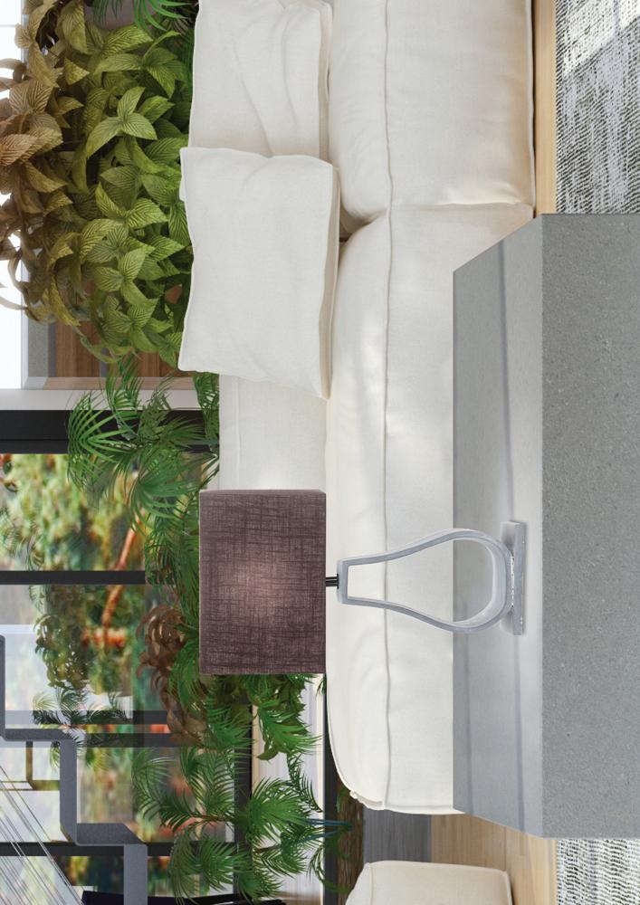 Vue latérale de la lampe sur la table, montrant la finesse de son pied sculptural