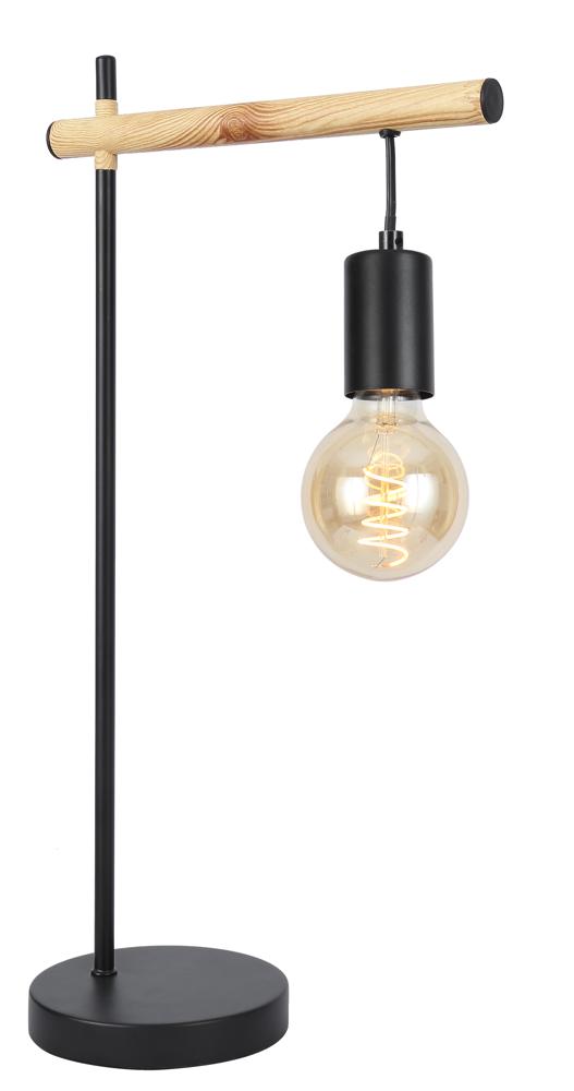 Lampe à poser de face sur fond blanc, structure noire et traverse en bois clair