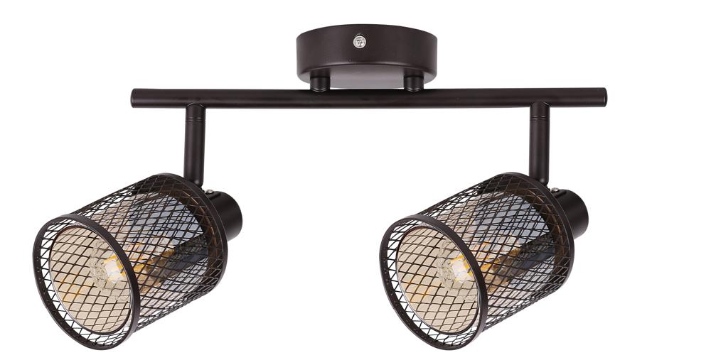 Luminaire plafonnier noir à deux projecteurs cylindriques en cage métallique, face sur fond blanc.