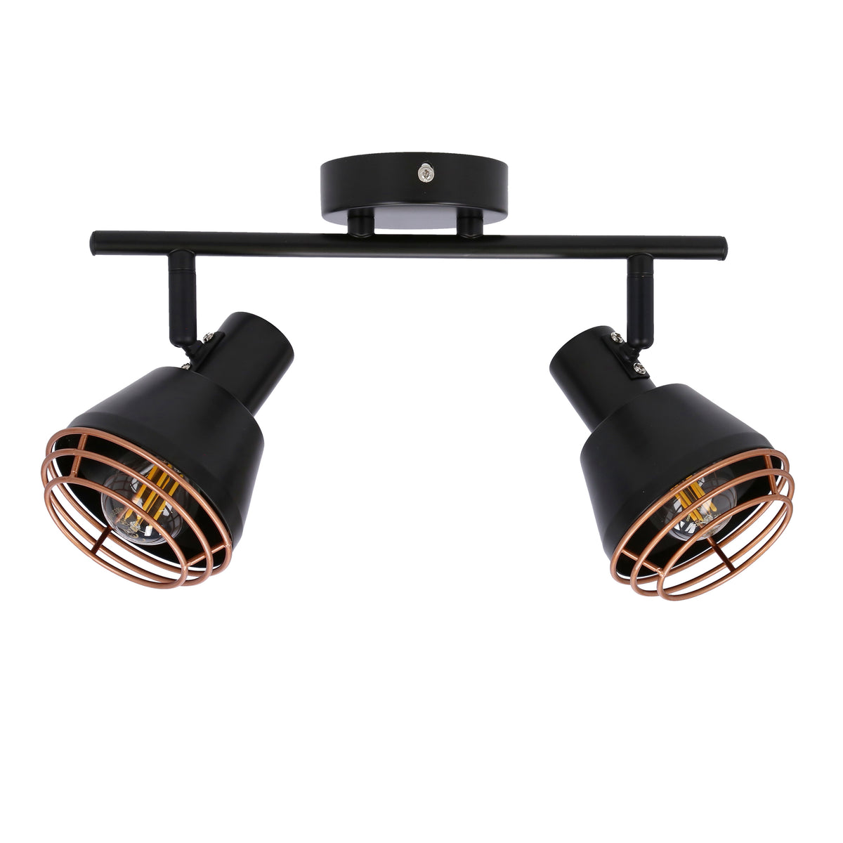 Vue de face du luminaire noir à deux spots et cages cuivrées.