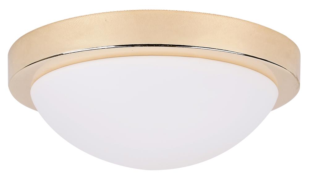 Plafonnier rond doré avec diffuseur bombé en verre blanc, vue de face sur fond blanc