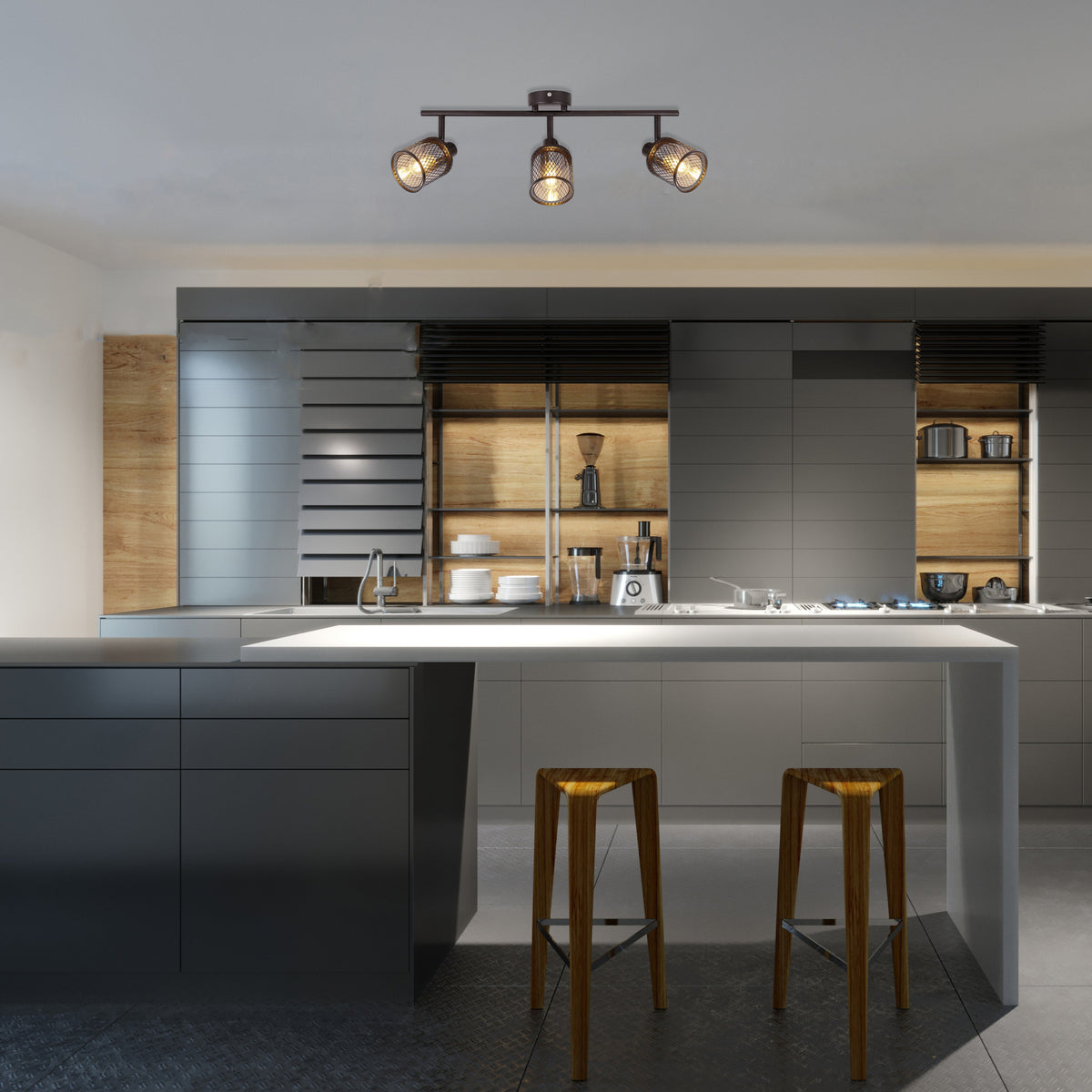 Mise en ambiance du plafonnier au-dessus d'un îlot de cuisine gris moderne