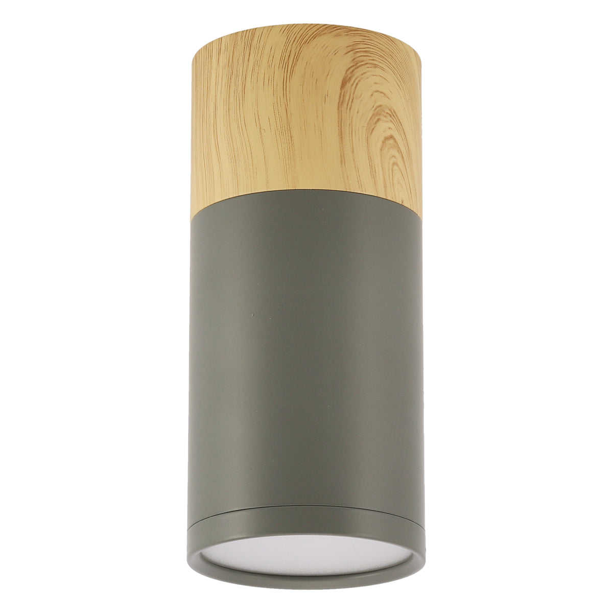 Luminaire cylindrique en bois clair et métal gris, vue de face sur fond blanc.