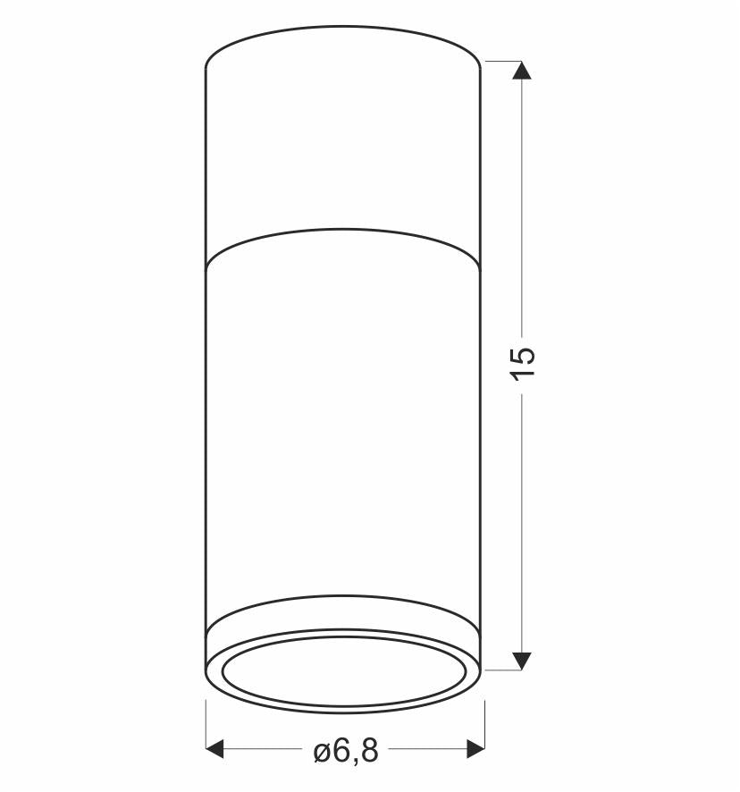 Schéma technique coté du luminaire : hauteur 15 cm et diamètre 6,8 cm.