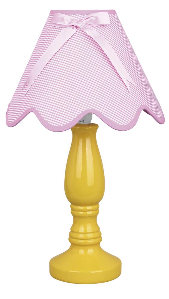 Variante jaune de la lampe, abat-jour rose vichy, bord ondulé et ruban