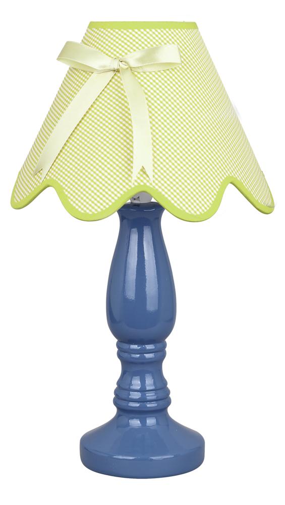 Lampe à poser, base bleue vernie, abat-jour vert à carreaux et nœud