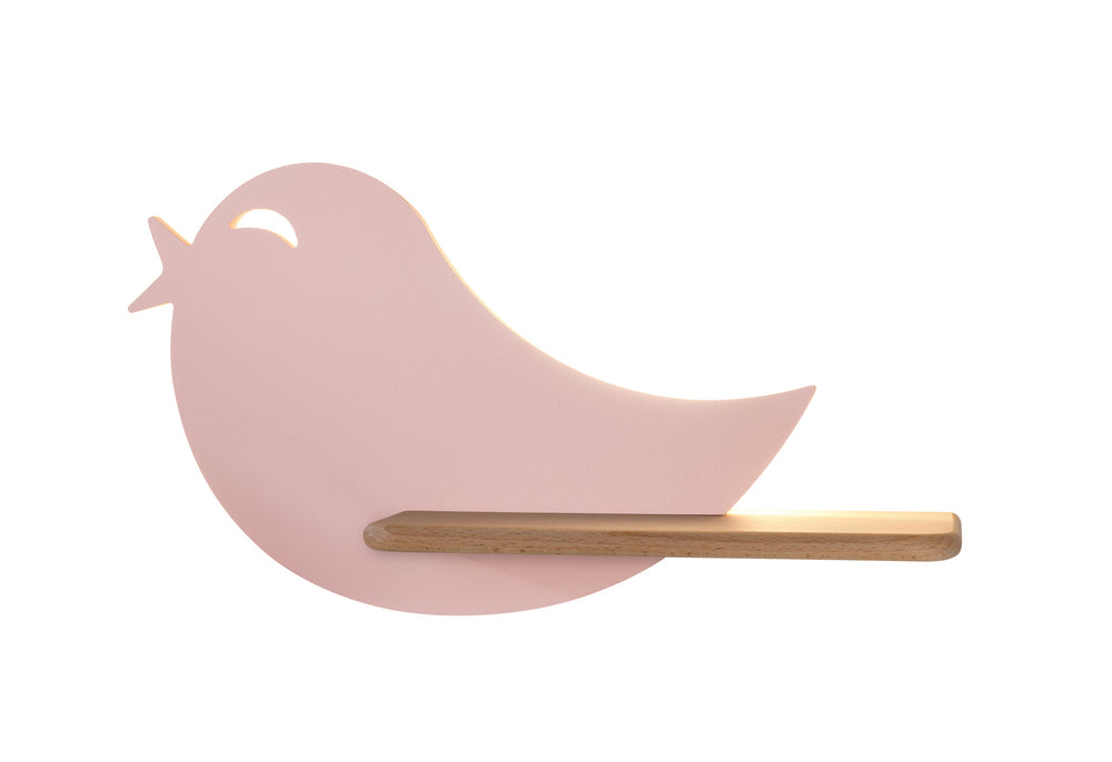Applique murale en forme d'oiseau rose pâle avec support en bois clair, vue de face