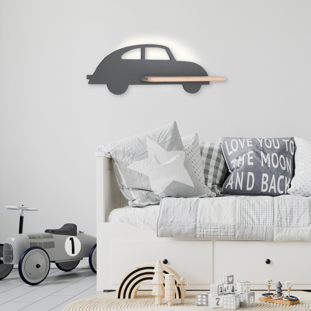 Applique murale LED Car pour chambre d'enfant, bois