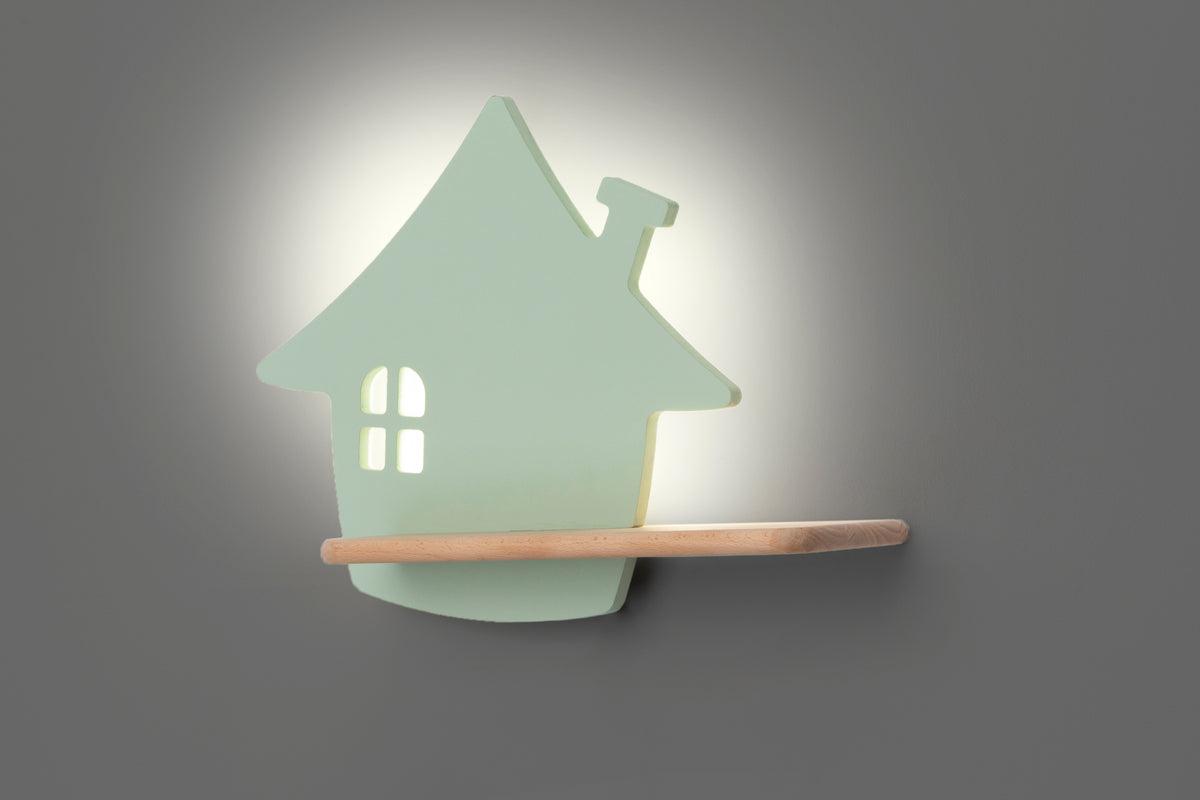 Applique murale LED House pour chambre d'enfant vert menthe, bois