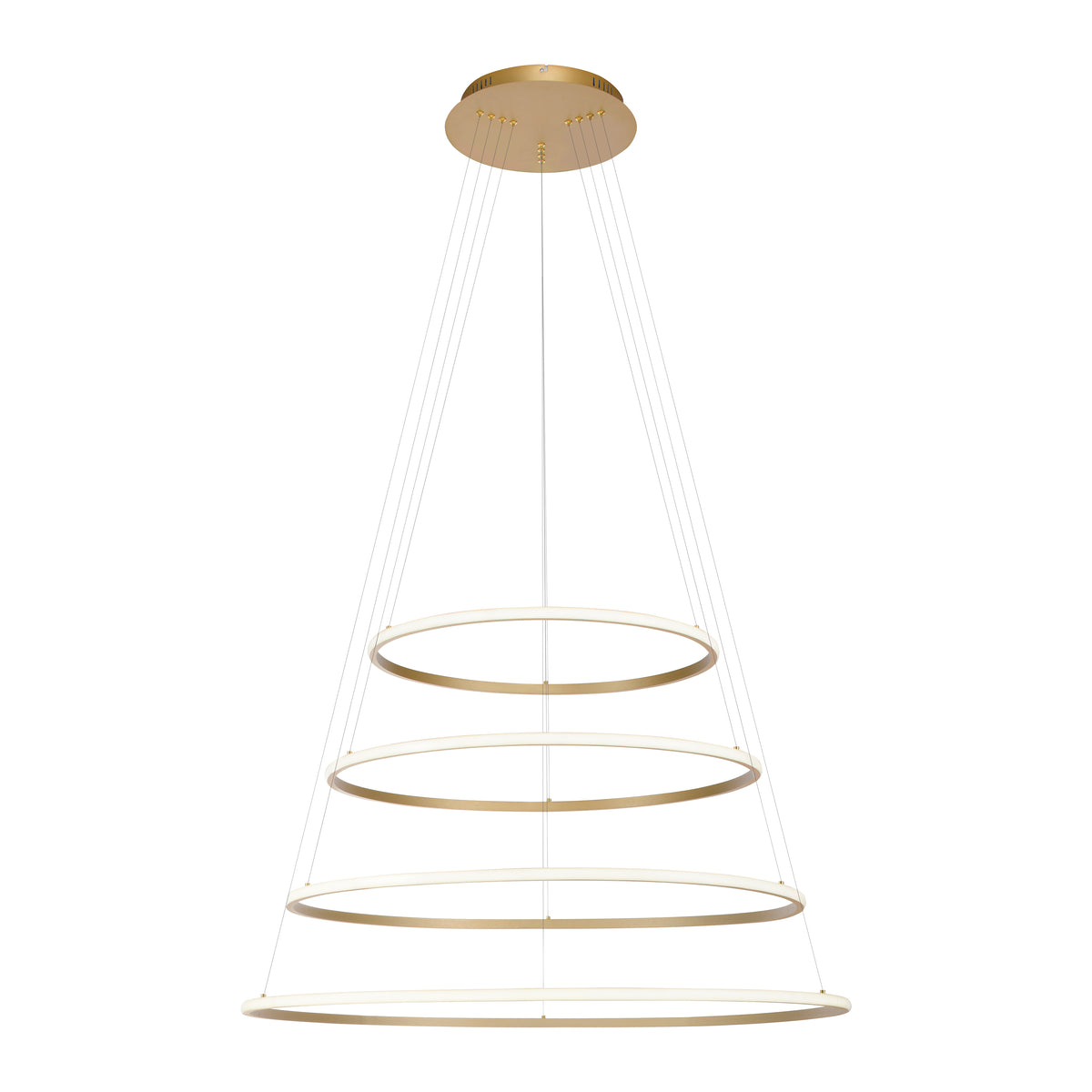 Vue de face sur fond blanc d'une suspension à quatre anneaux dorés superposés.