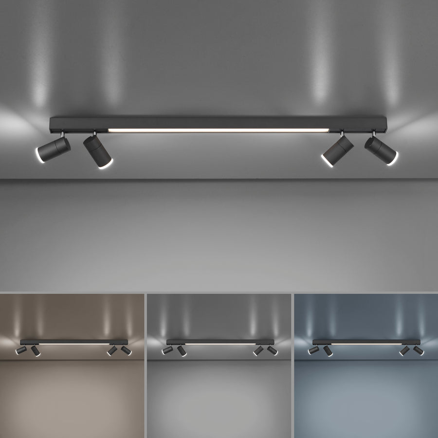 Simulation de trois températures de couleur sous le plafonnier linéaire, fond gris.
