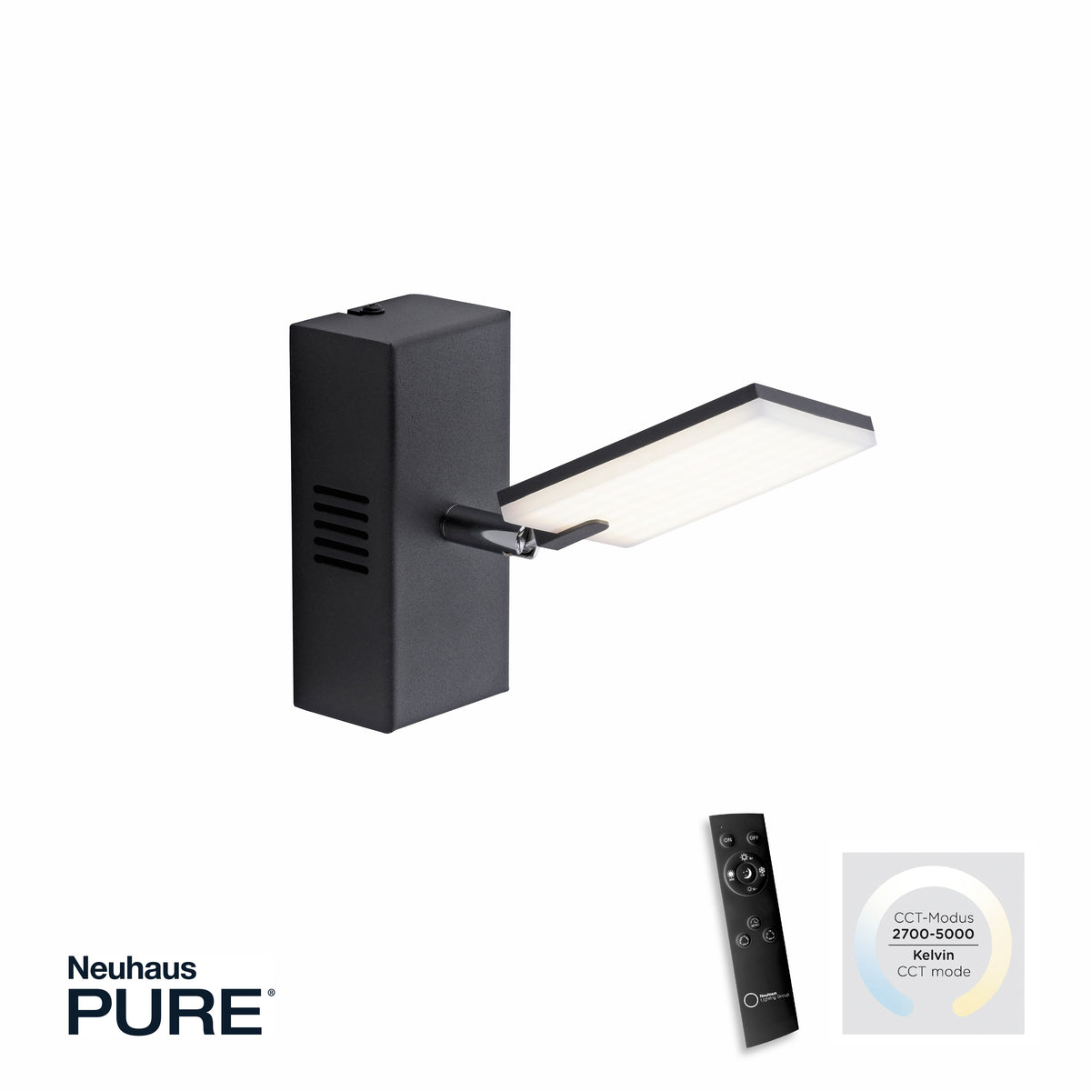 Applique murale noire présentée avec télécommande et réglage de température de couleur CCT.
