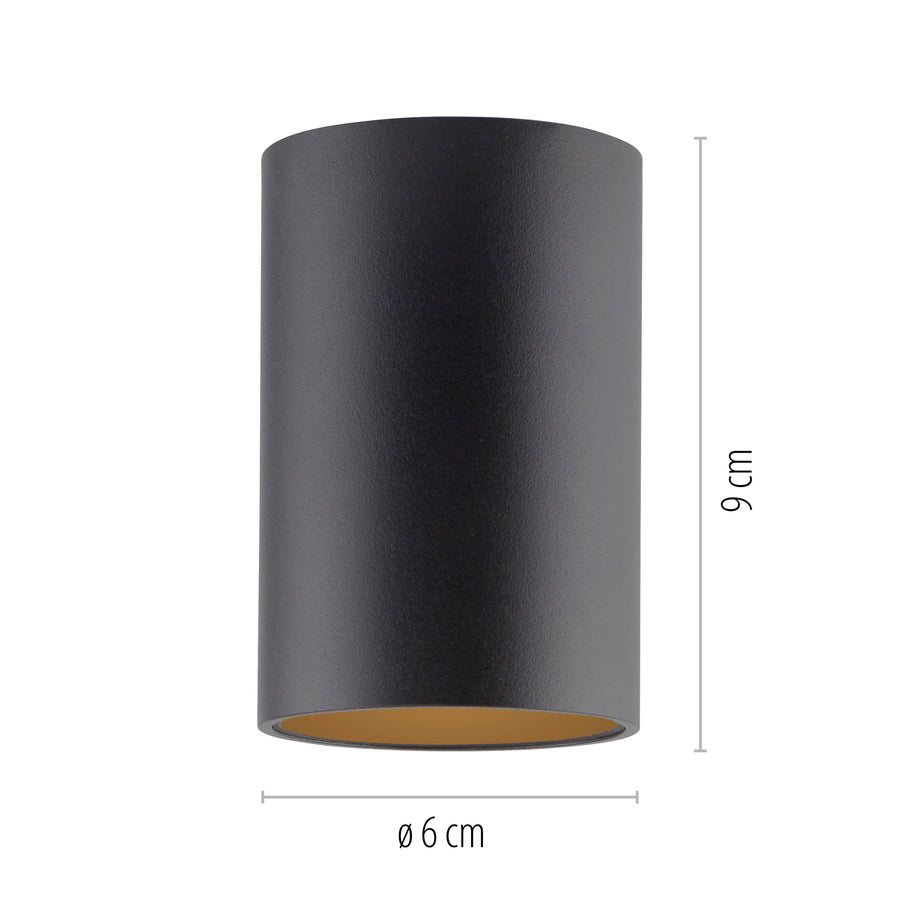 Schéma de dimensions d'un plafonnier cylindrique : hauteur 9 cm, diamètre 6 cm.