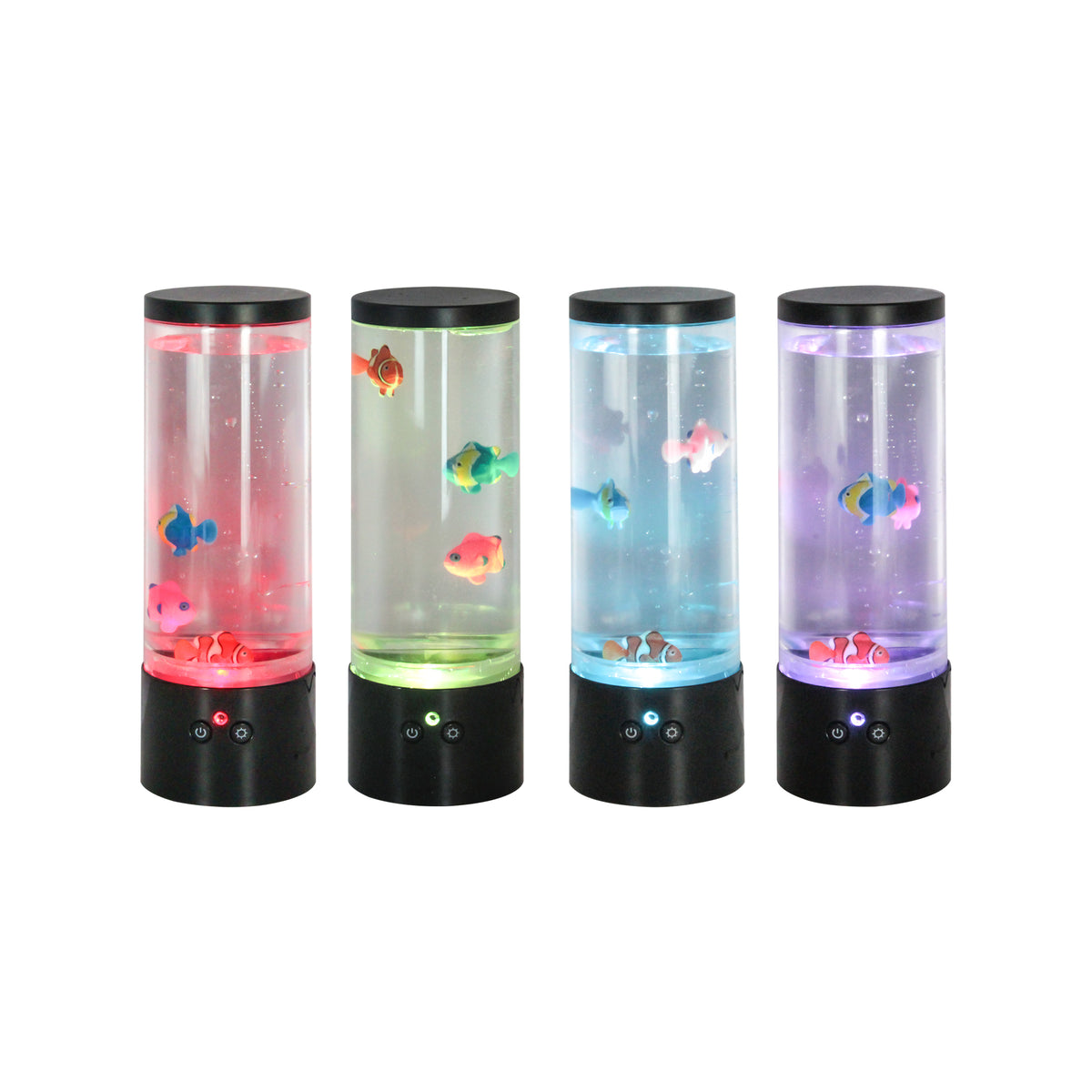 Quatre lampes alignées montrant chacune un éclairage de couleur différente