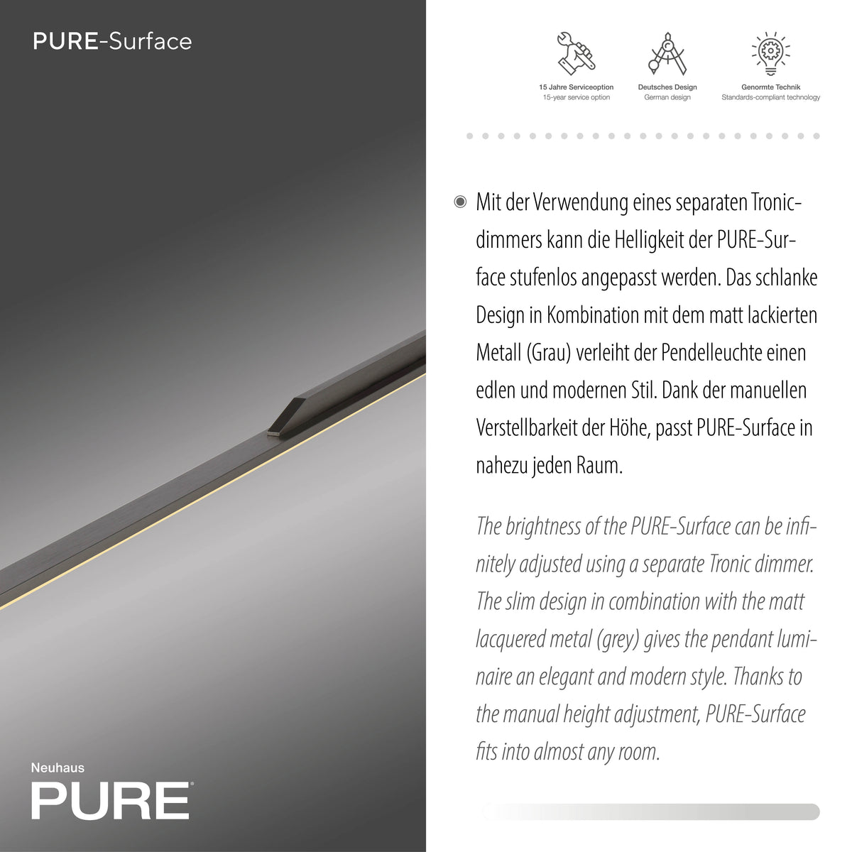 Détail de la finition métal gris mat et du bandeau lumineux LED