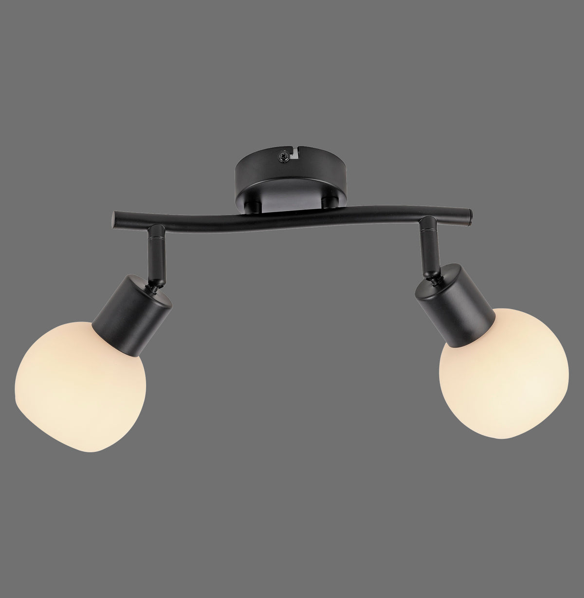 Vue de face du plafonnier noir à deux spots orientables avec diffuseurs sphériques blancs.