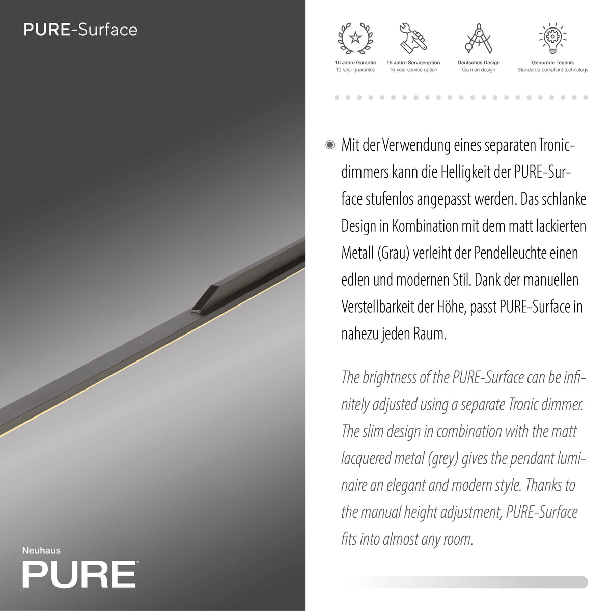 Fiche produit avec pictogrammes de garantie et texte technique descriptif