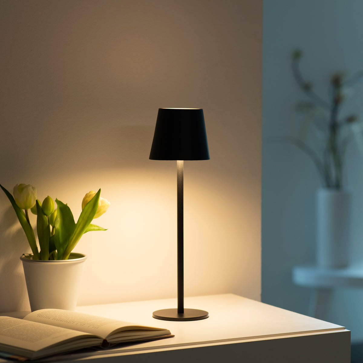 Mise en ambiance sur une table près de tulipes et livre ouvert