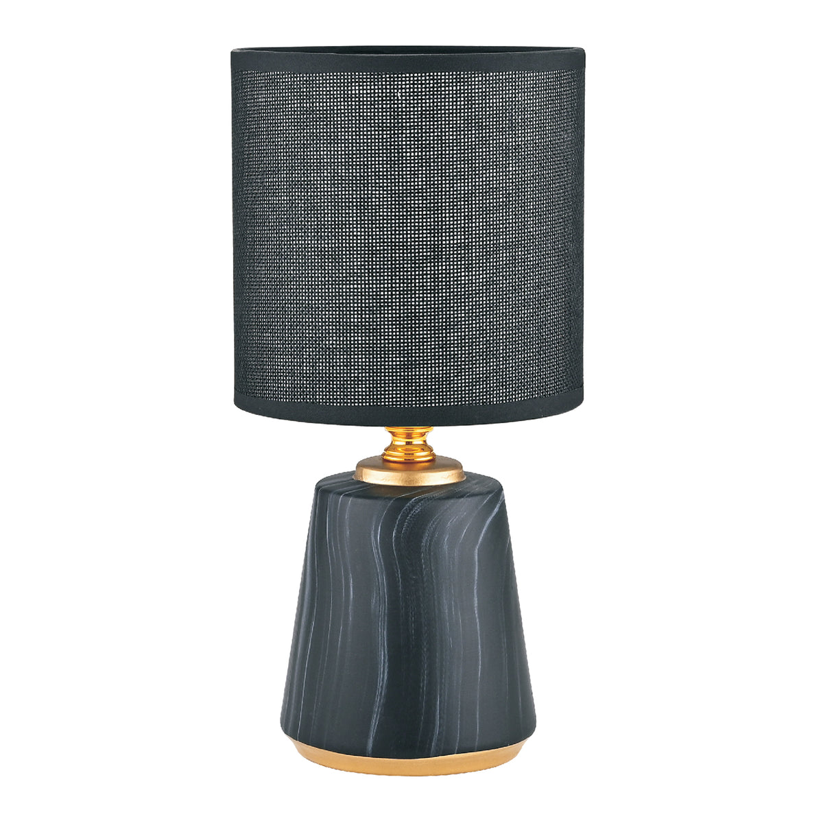 Lampe à poser noire et dorée, abat-jour cylindrique et base en céramique marbrée