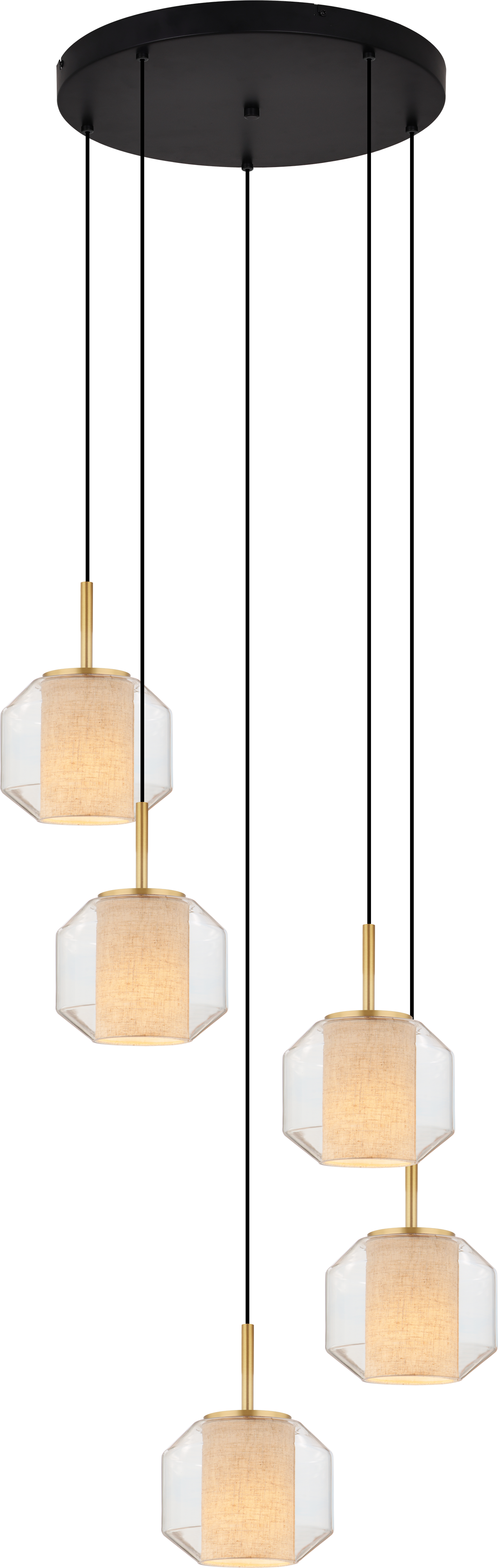 Suspension cinq lumières en verre et tissu beige, câbles noirs, finitions dorées