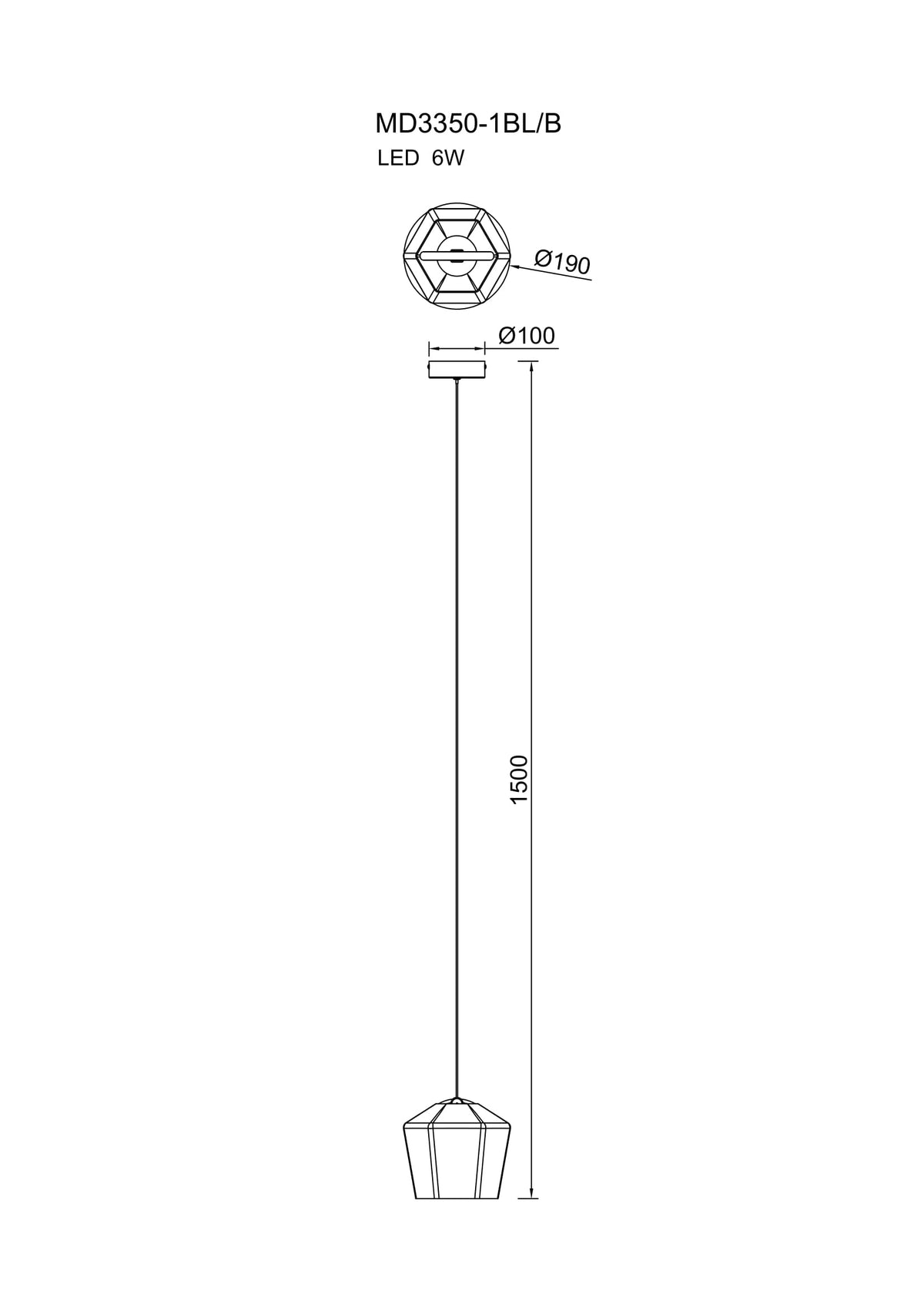 Schéma technique du luminaire suspendu, avec diamètre et hauteur.