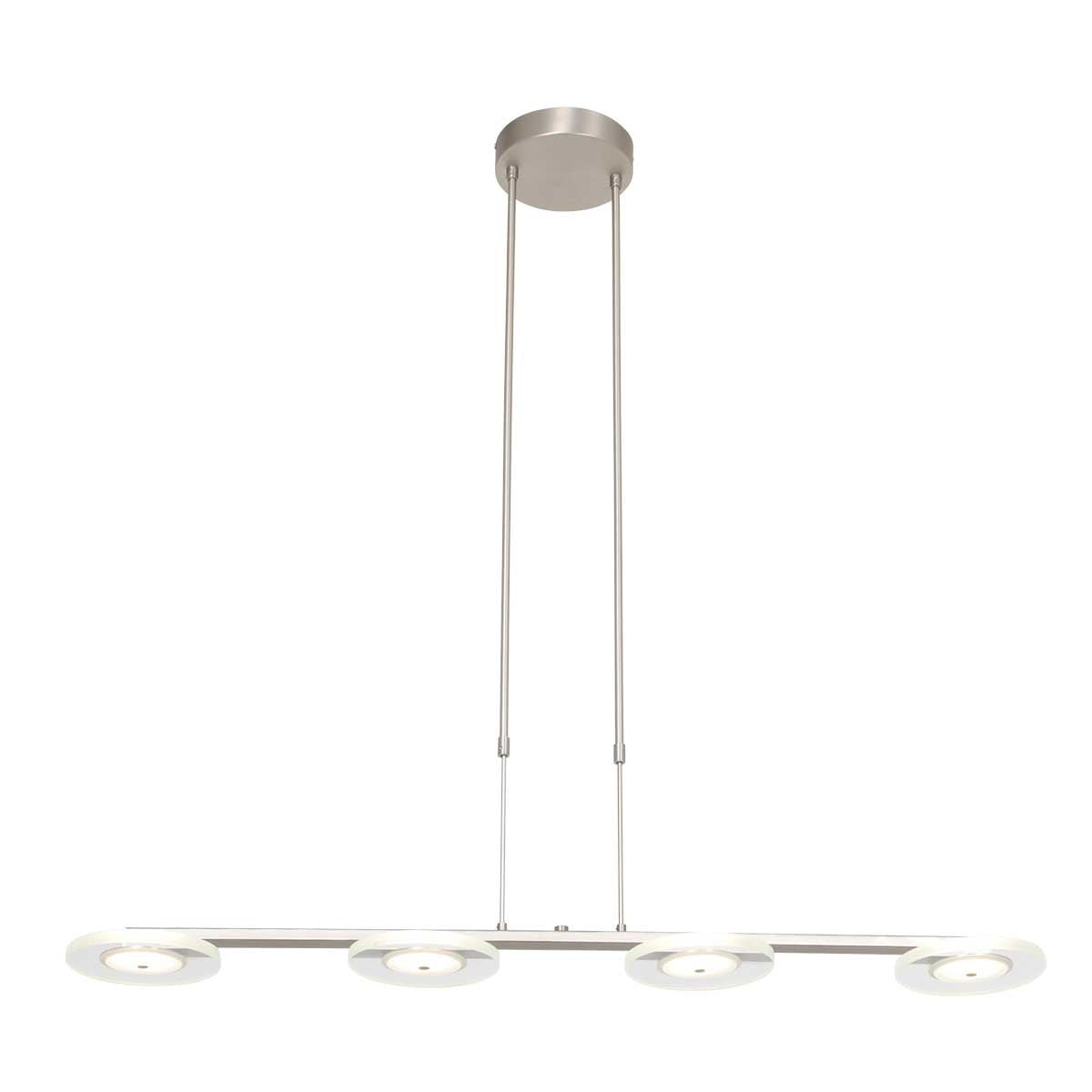 Vue de face du luminaire suspendu argenté avec sa barre et ses quatre disques