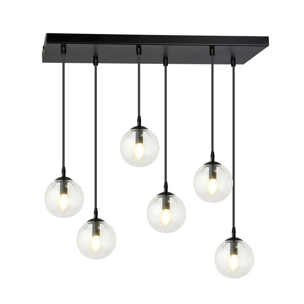 Suspension Cosmo 6 lumières noire, verre transparent