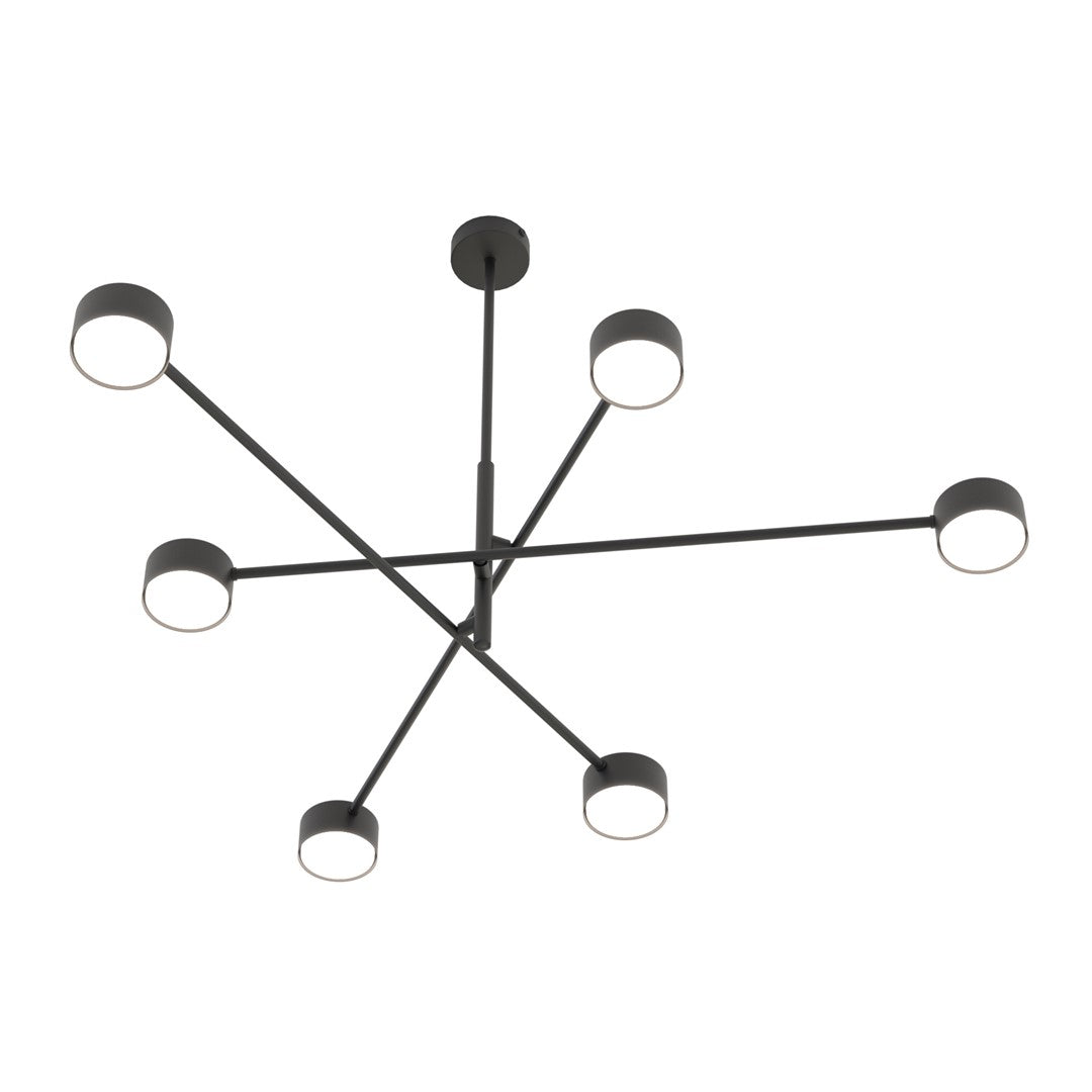Vue de face du luminaire noir, six bras et diffuseurs cylindriques blancs.
