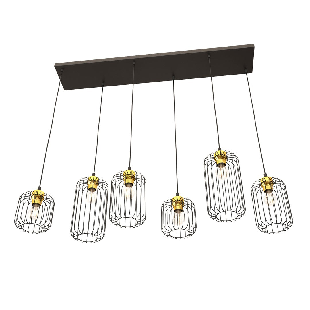 Vue de trois quarts du luminaire sur fond blanc, montrant l'alignement des six cages.