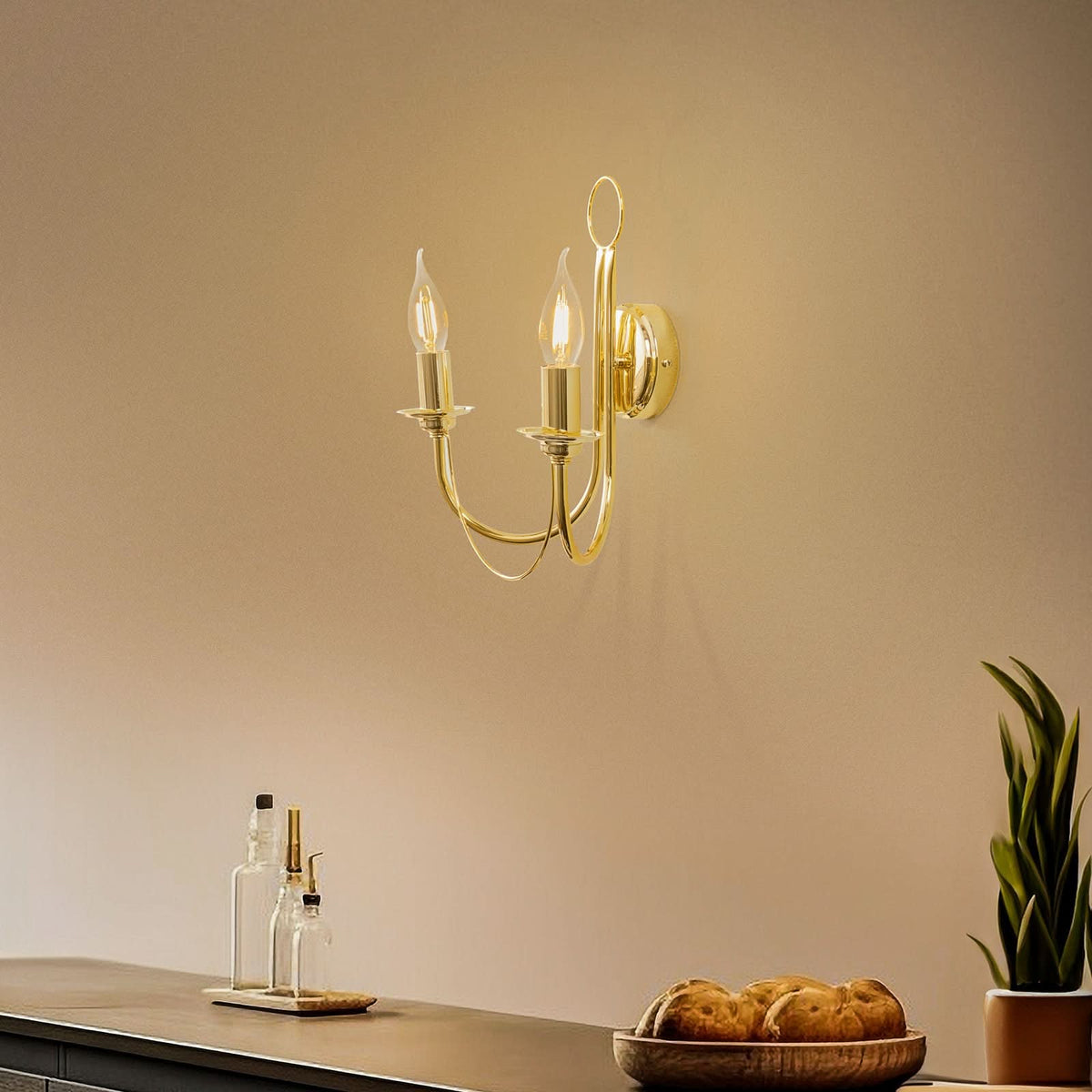Applique murale en acier, doré, 2 lumières, hauteur 35 cm
