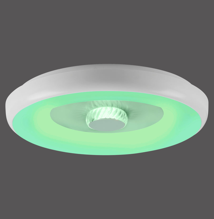 Vue de face du plafonnier rond blanc, anneau lumineux vert et centre en verre texturé.