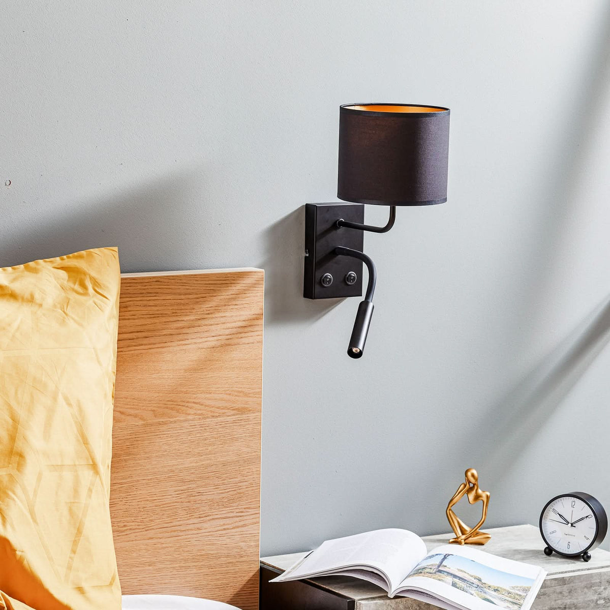 Applique murale Soho en tissu, noir et doré, 2 lumières, hauteur 38 cm, largeur 18 cm