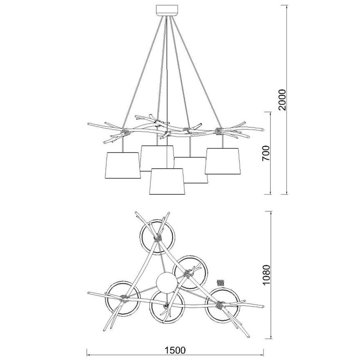 Suspension Sabina 5 lumières effet bois, tissu